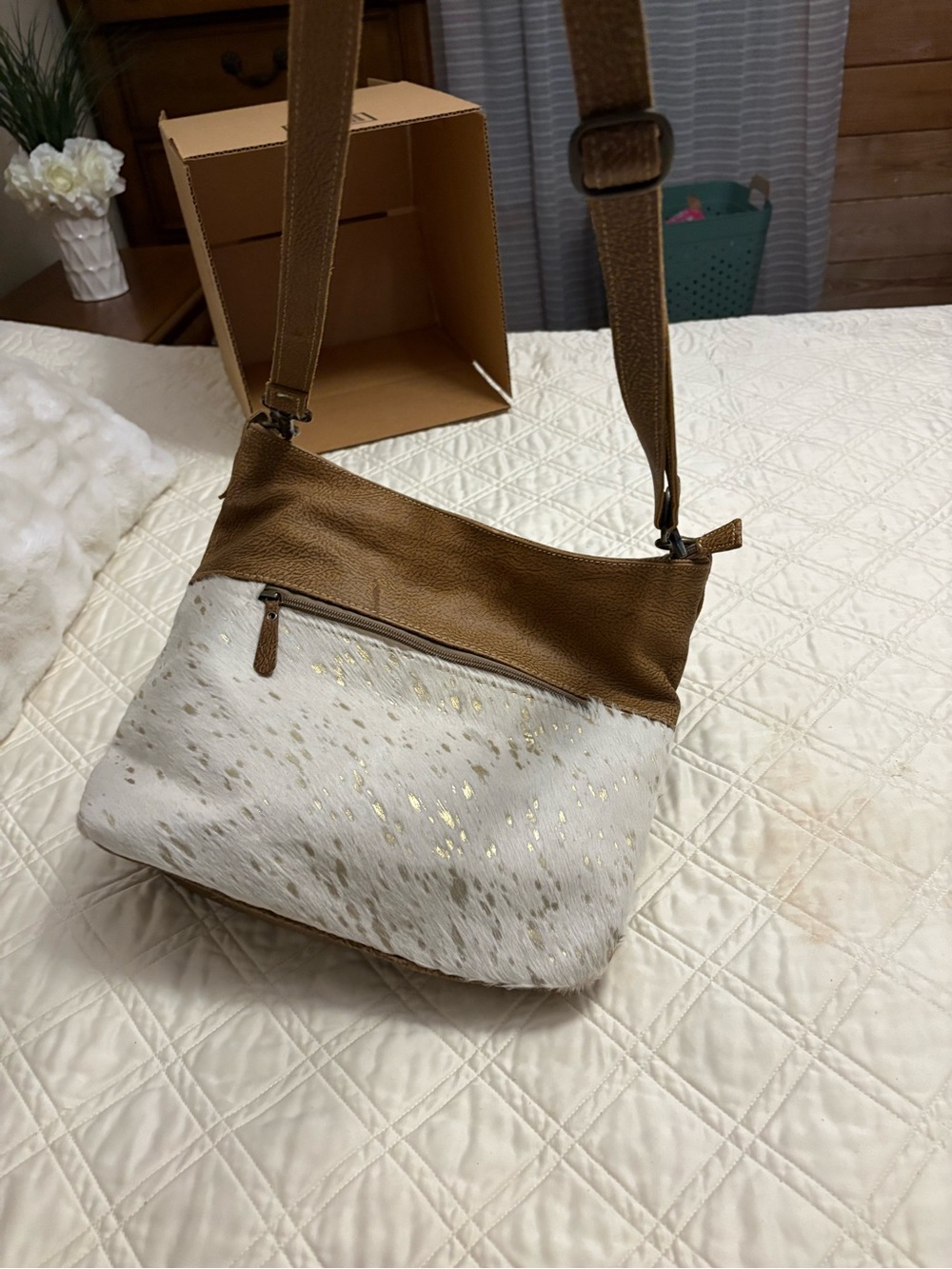 Myra Bag Two-Tone Tan and White Crossbody Bag with Gold Accents